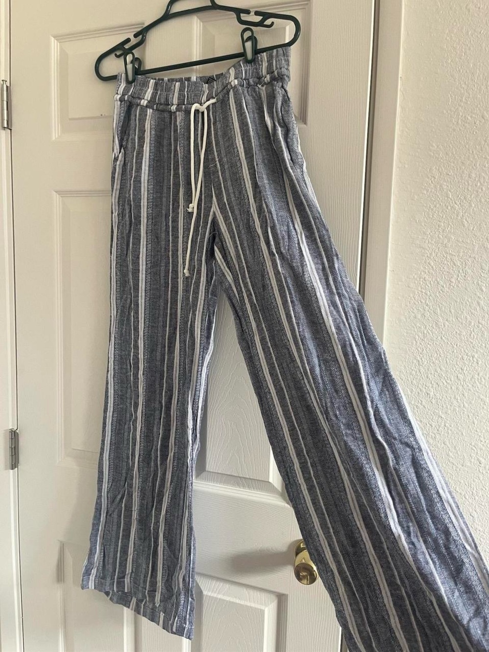 55% Linen Striped Wide-Leg Drawstring Pants - Blue/White